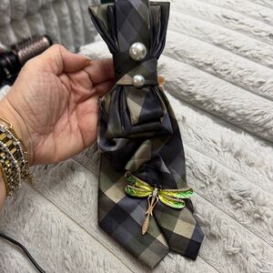 UPCYCLED Elegant Checkered Tie necklace with Dragonfly Brooch